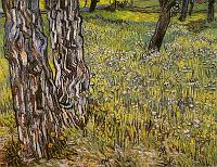 Pre fleuri avec troncs d'arbres et pisenlits Saint Remy mai 1890